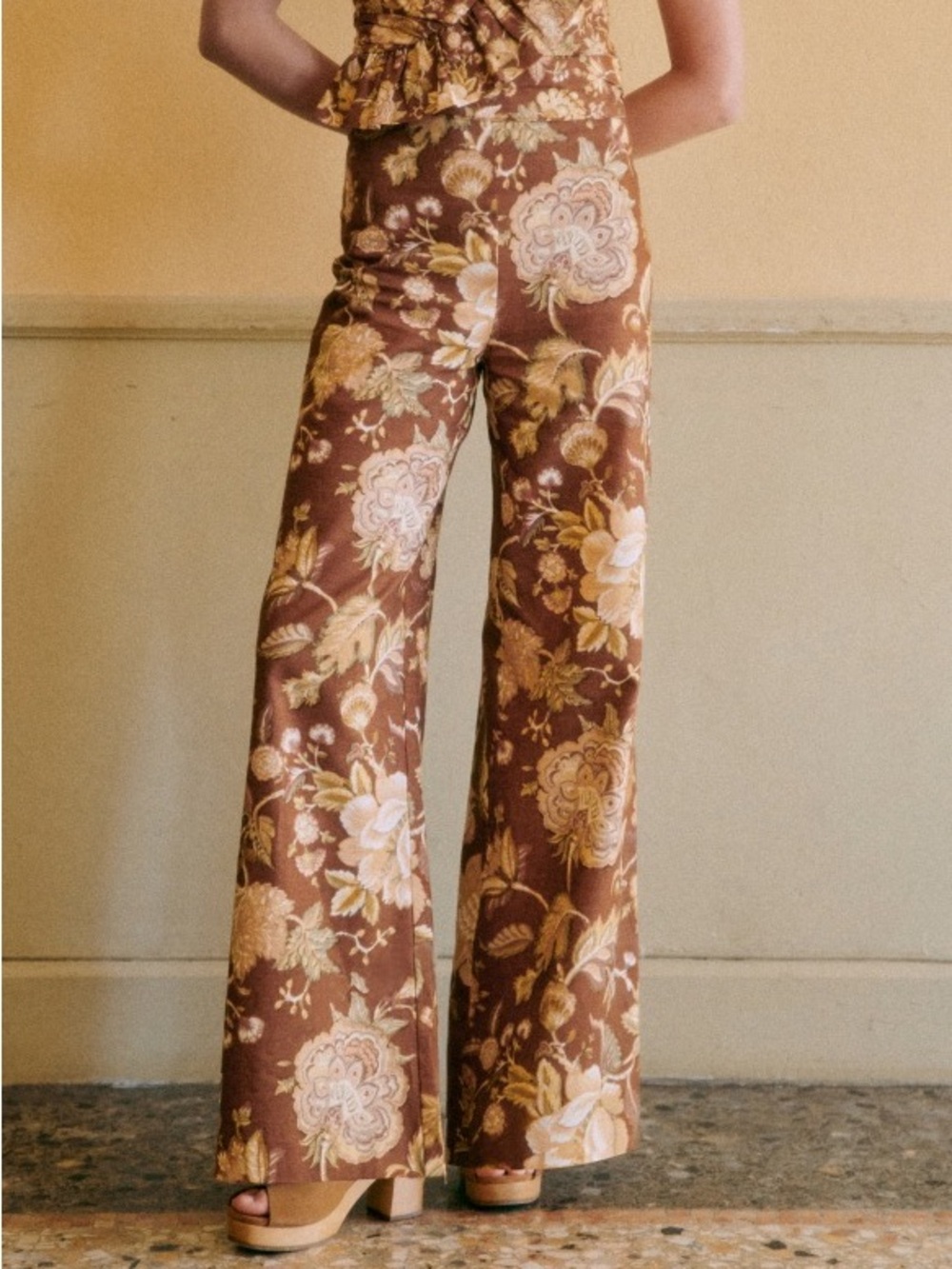 Sezane Tyler Floral Trousers Adana Maxi Wide Leg Fall Pants Linen Brown Size 2